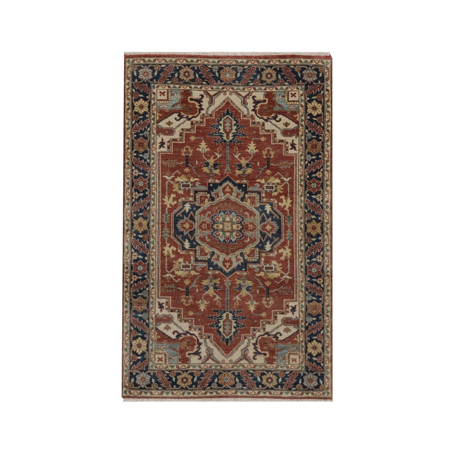 3'1"x5'2" Auburn Red, Antiqued Fine Heriz Re-Creation, Medallion Design, Hand Knotted, Hand Spun New Zealand Wool, Vegetable Dyes, Soft Pile, Denser Weave, Oriental Rug 